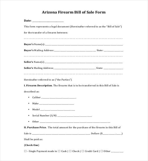 arizona firearm bill of sale form
