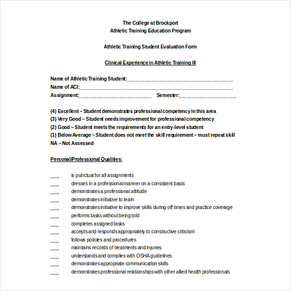 athletic training evaluation form