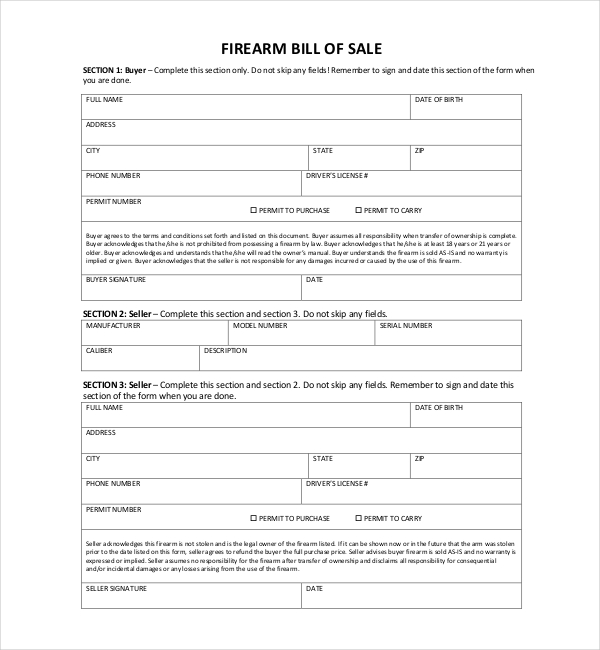 bill of sale form nc pistol