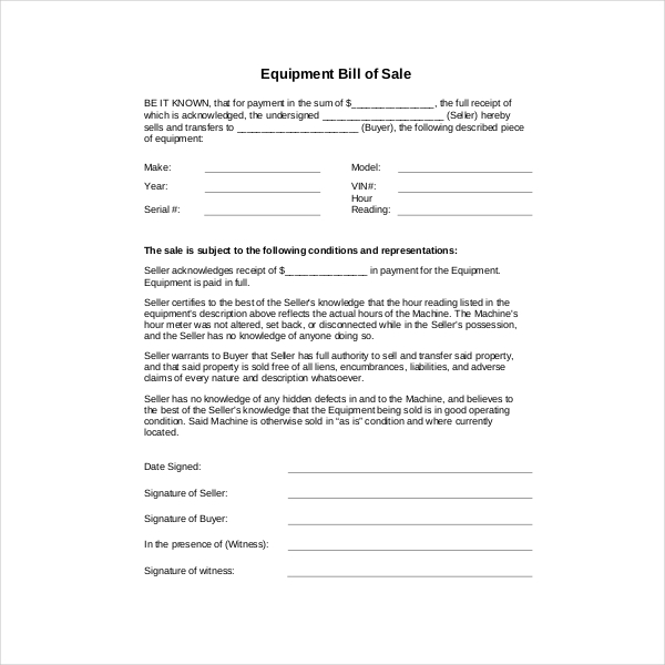 simple equipment bill of sale