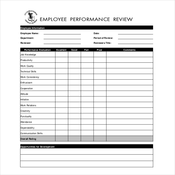 blank employee appraisal form