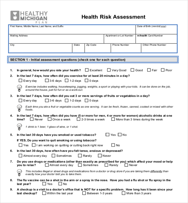 blue cross health risk assessment form