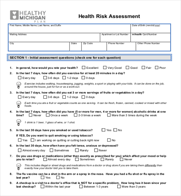 FREE 14+ Sample Health Risk Assessment Forms in PDF Excel Word