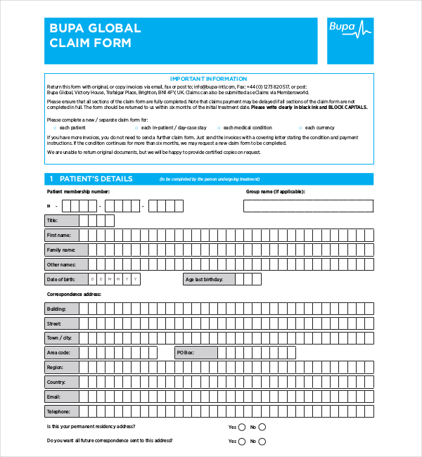 Free 11 Sample Medical Claim Forms In Pdf Ms Word Excel 7324