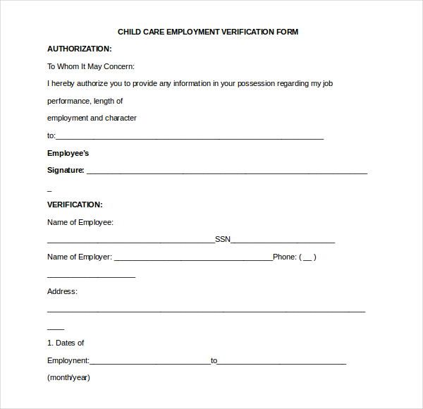 child care employment verification form