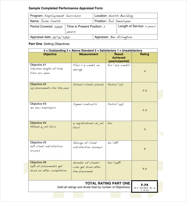 completed employee appraisal form