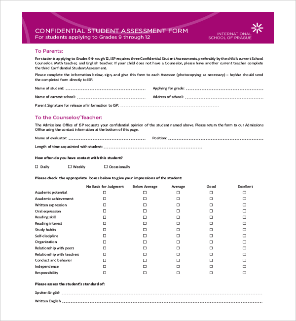 confidential student assessment form