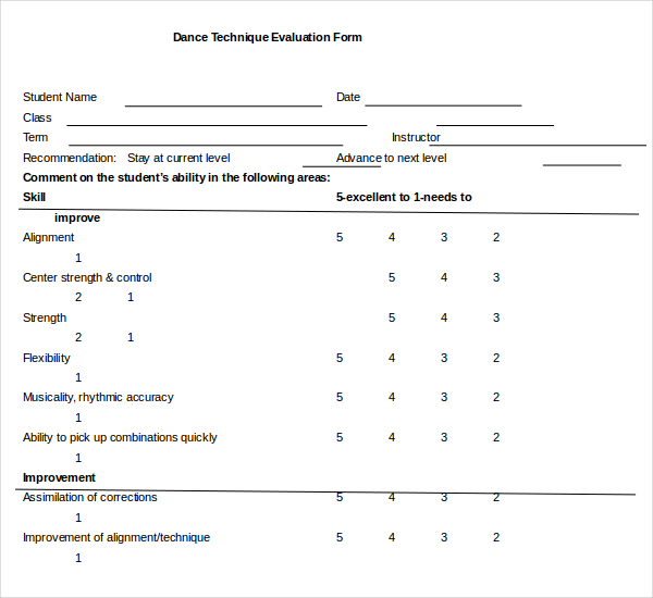 dance student assessment form