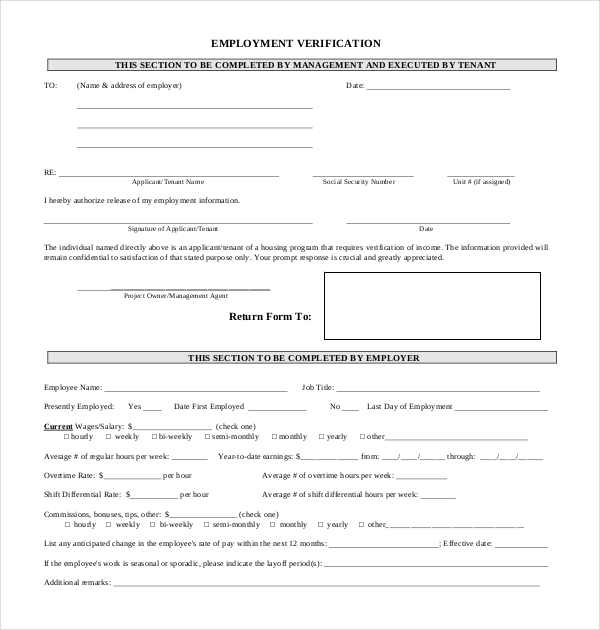 Free 12 Sample Employment Verification Forms In Pdf Ms Word Excel