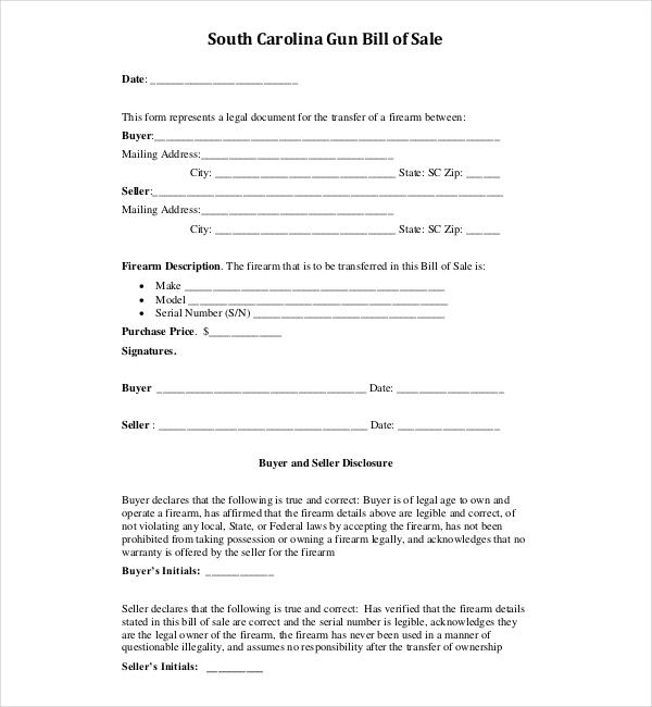 firearm bill of sale form south carolina