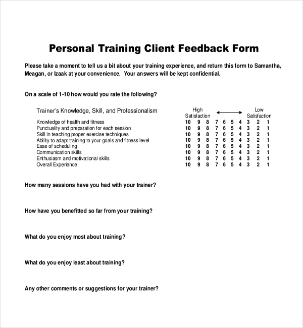 fitness customer feedback form