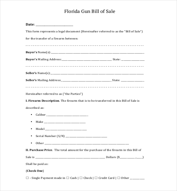 florida firearm bill of sale form
