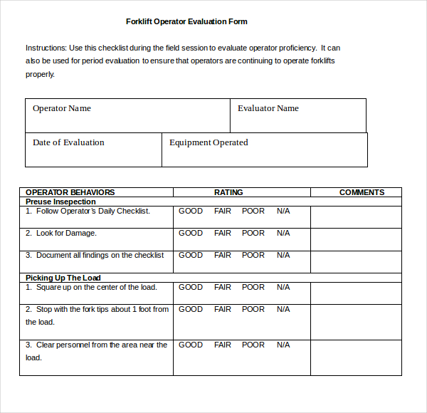 forklift training evaluation form