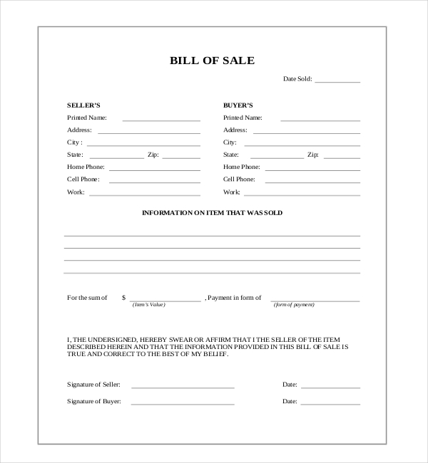 Blank Bill Of Sale Form Free Printable