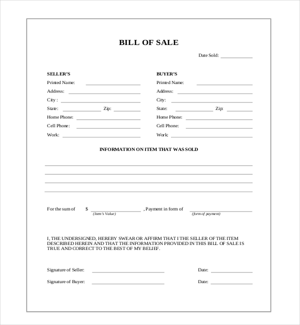 FREE 12 Sample Blank Bill Of Sale Forms In PDF Word Excel