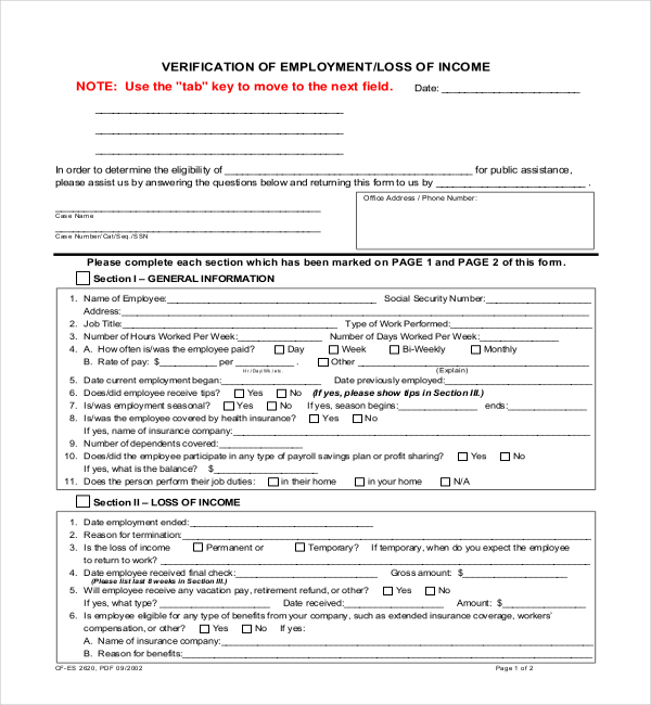 generic employment verification form