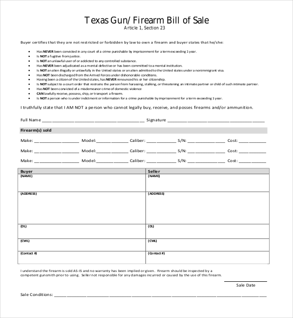 free 11 sample bill of sale for firearms in pdf word