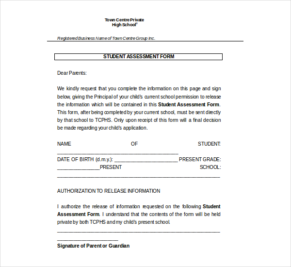 high school student assessment form