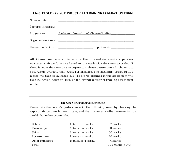 industrial training evaluation form