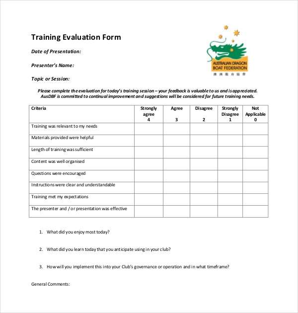 job training evaluation form