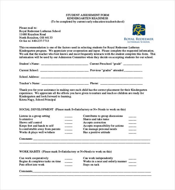 kindergarten student assessment form