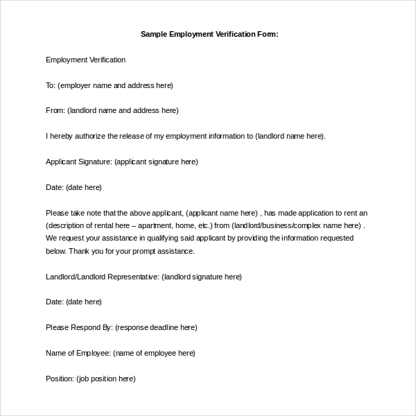 Free 12 Sample Employment Verification Forms In Pdf Ms Word Excel 1733
