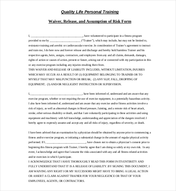 liability release form personal training