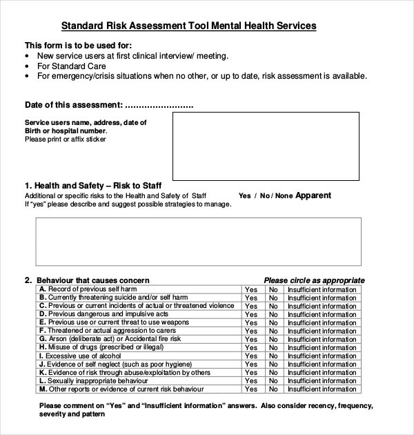 mental health risk assessment form