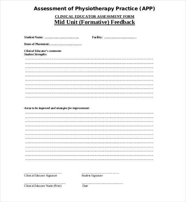 physiotherapy student assessment form