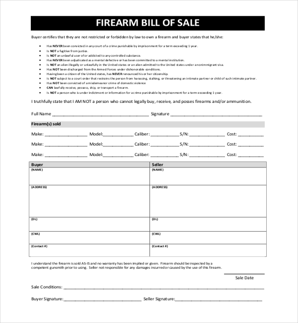 private bill of sale for firearm