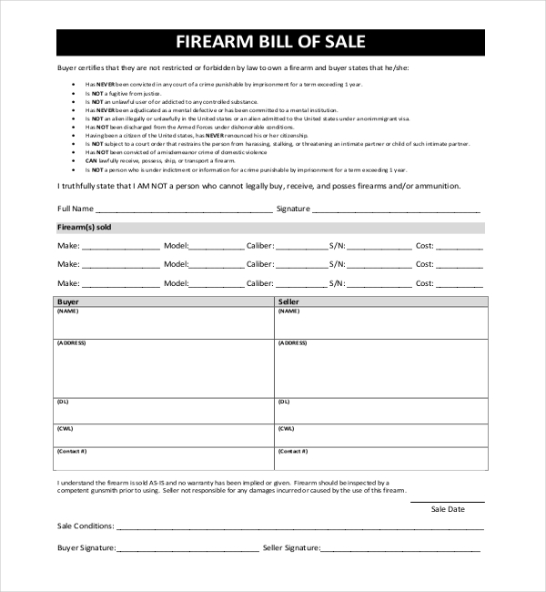 FREE 11+ Sample Bill of Sale for Firearms in PDF | Word