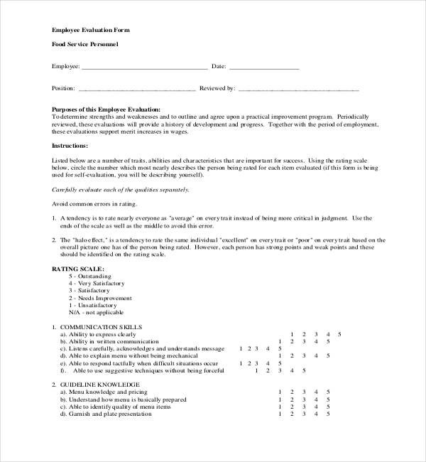 restaurant employee appraisal form