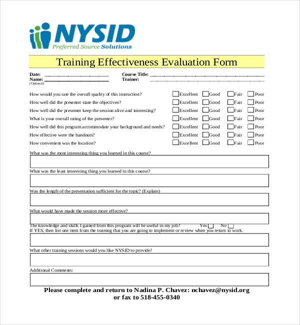 training effectiveness evaluation form