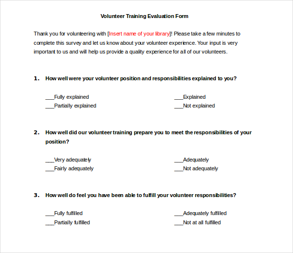 volunteer training evaluation form