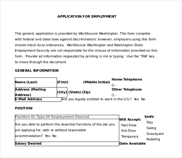 Free 13 Sample Employment Application Forms In Pdf Ms Word Xls 1320