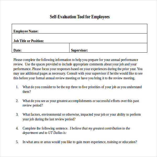 annual performance appraisal self evaluation tool for employee