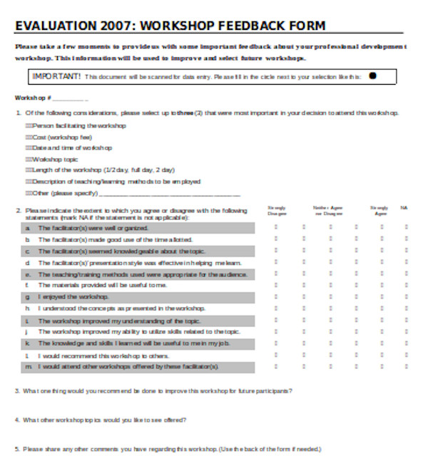 FREE 15+ Workshop Feedback Form Samples, PDF, MS Word, Google Docs, Excel