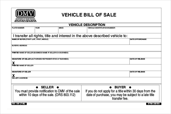 Oregon Dmv Bill Of Sale Form Printable