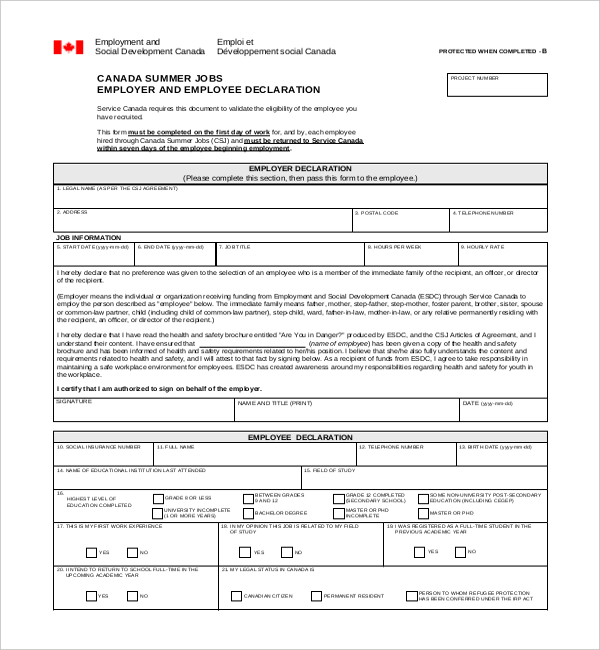 canada summer jobs employer and employee declaration