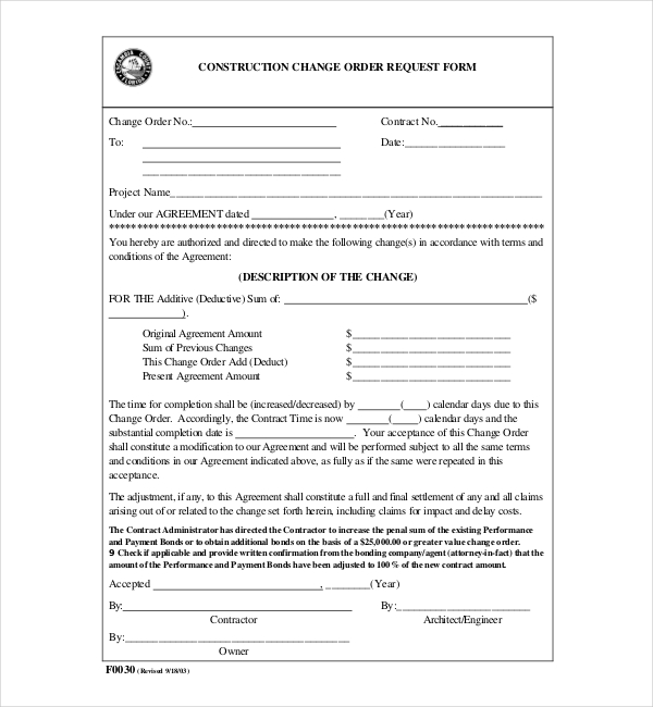 free 12 sample construction change order forms in pdf  xls