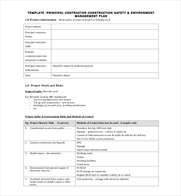 contractor construction safety environment management plan