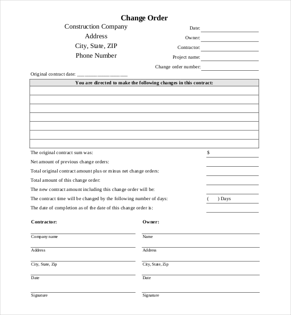 FREE 12 Sample Construction Change Order Forms In PDF XLS Word