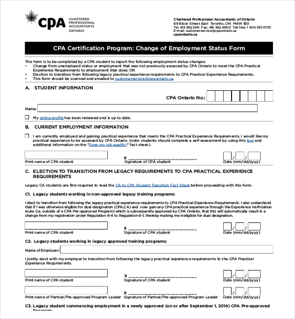 change of employment status form