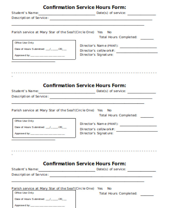 confirmation service hours form