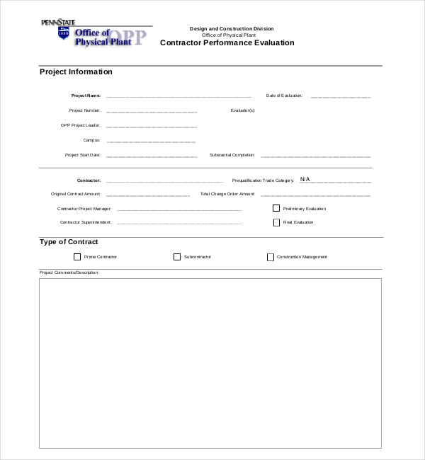 contractor performance evaluation form