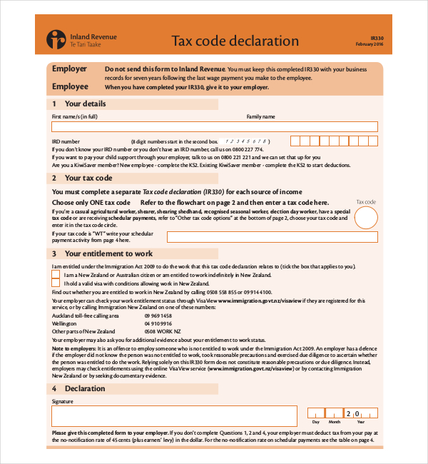 employee tax code declaration form
