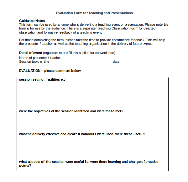 evaluation form for teaching and presentations