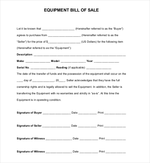 FREE 8+ Sample Equipment Bill of Sale Forms in PDF | Word