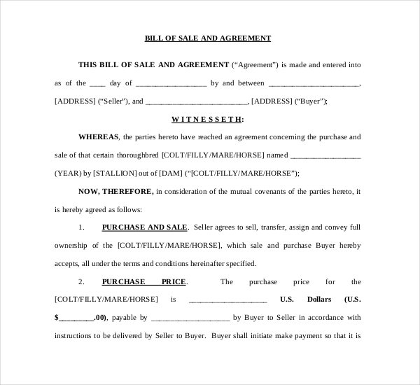 horse bill of sale and agreement free download