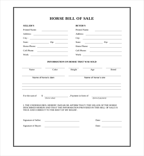 FREE 7+ Sample Horse Bill of Sale Forms in PDF MS Word